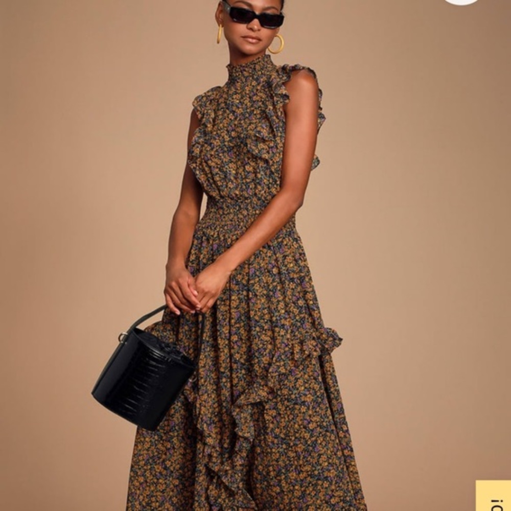 Evalina mustard yellow floral print mock deck midi dress
